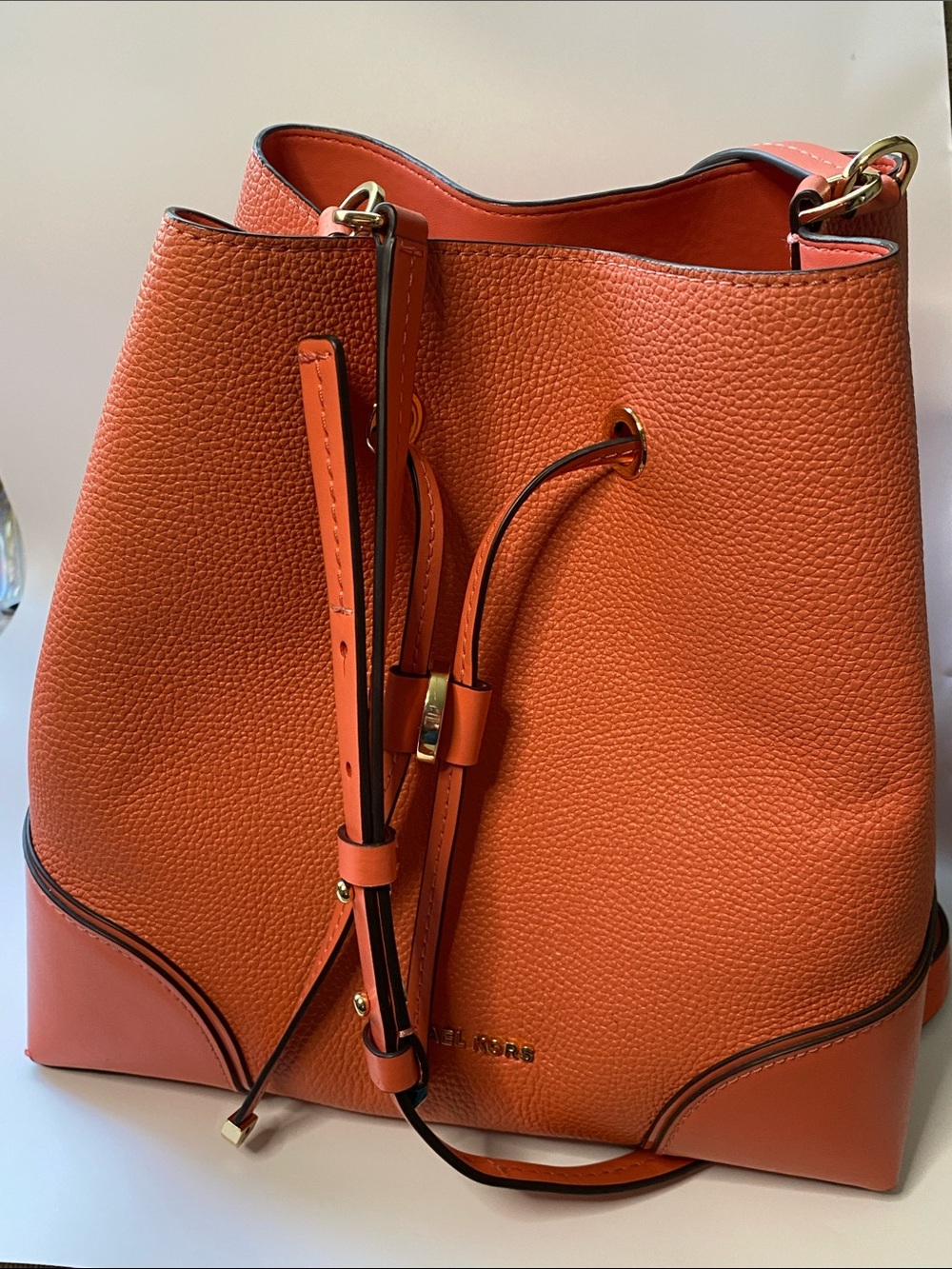 Michael Kors Orange Pebbled Leather Drawstring Bucket Tote